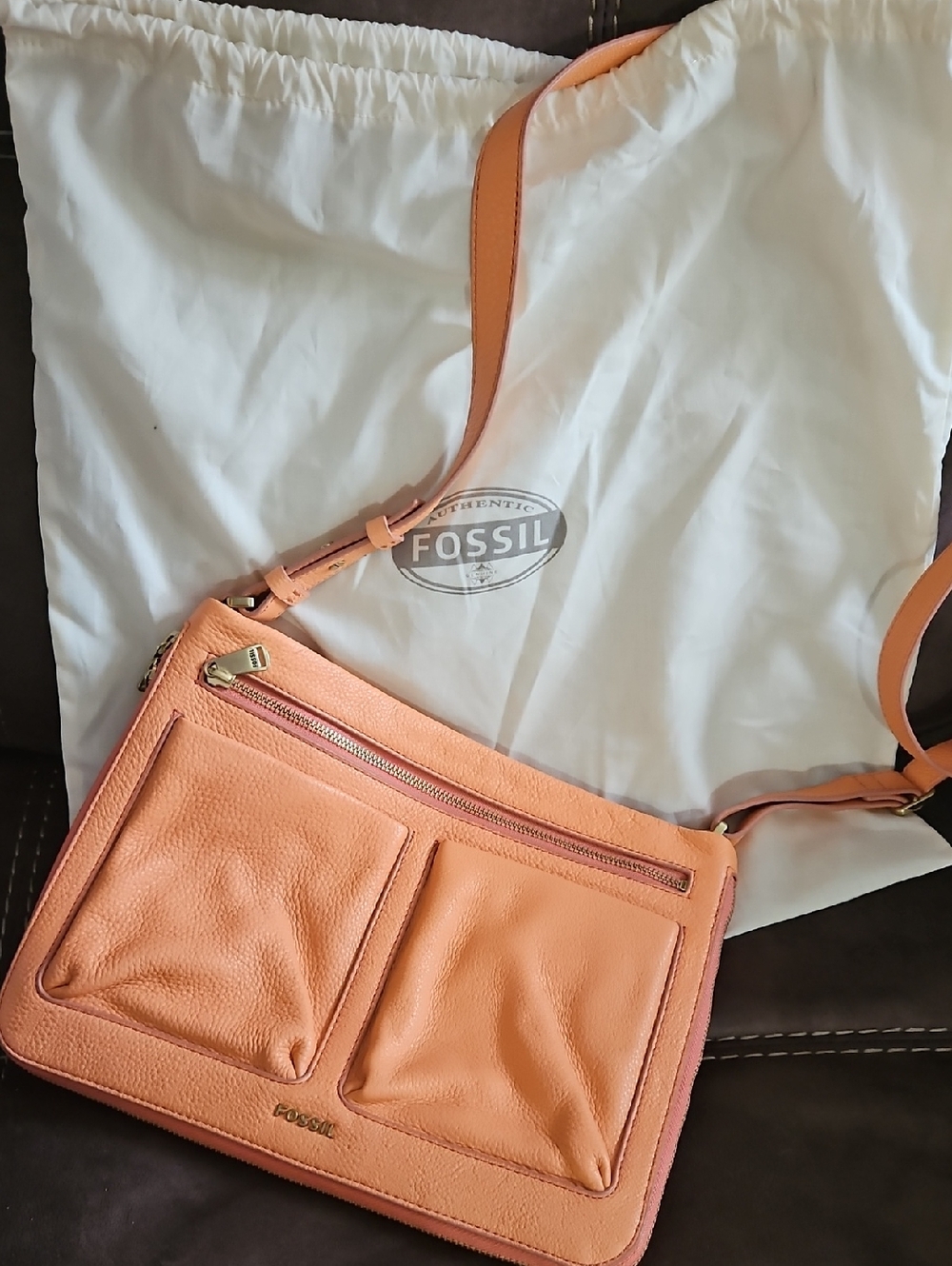 Fossil Peach/Coral Pebbled Leather Crossbody Bag